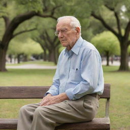 An elderly man, in his casual attire, sitting peacefully on a wooden park bench, lost in his thoughts, surrounded by the tranquility of the park.