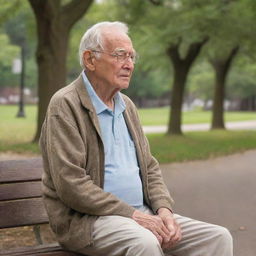 An elderly man, in his casual attire, sitting peacefully on a wooden park bench, lost in his thoughts, surrounded by the tranquility of the park.