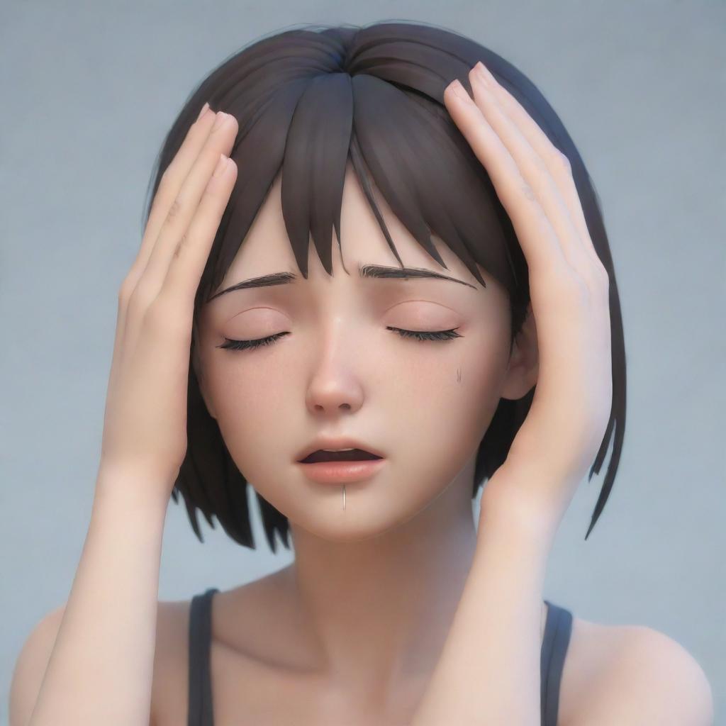 3D anime-style female character holding her head, crying and looking distressed as if she has a headache