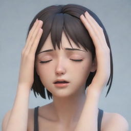 3D anime-style female character holding her head, crying and looking distressed as if she has a headache