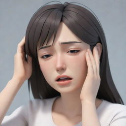 3D anime-style female character holding her head, crying and looking distressed as if she has a headache