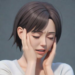 3D anime-style female character holding her head, crying and looking distressed as if she has a headache