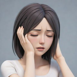 3D anime-style female character holding her head, crying and looking distressed as if she has a headache