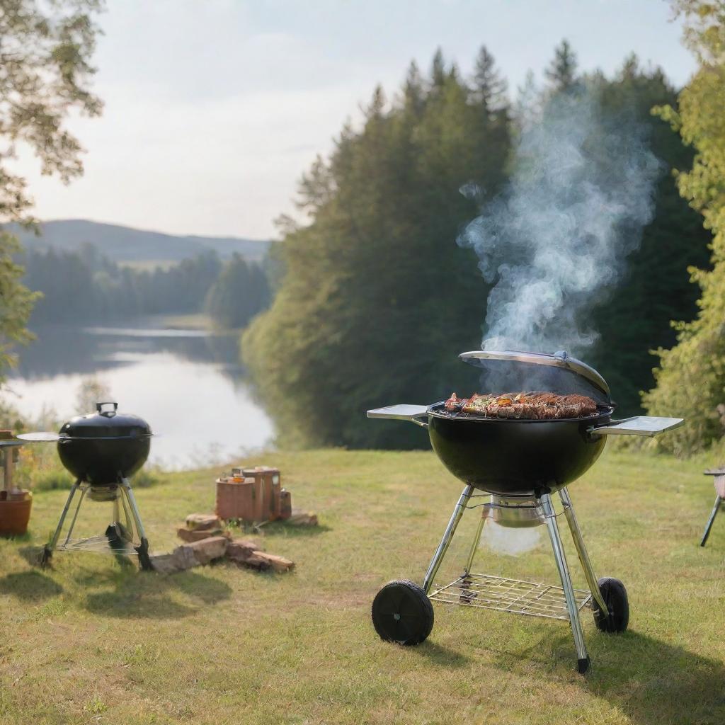 A picturesque BBQ grill setup without human figures, showing a professional grill with smoking delicious food, surrounded by nature under a sunny sky.