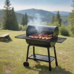 A picturesque BBQ grill setup without human figures, showing a professional grill with smoking delicious food, surrounded by nature under a sunny sky.