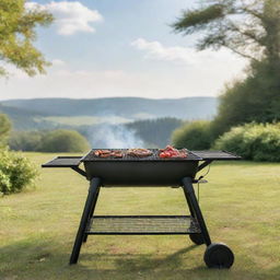 A picturesque BBQ grill setup without human figures, showing a professional grill with smoking delicious food, surrounded by nature under a sunny sky.