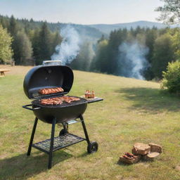 A picturesque BBQ grill setup without human figures, showing a professional grill with smoking delicious food, surrounded by nature under a sunny sky.