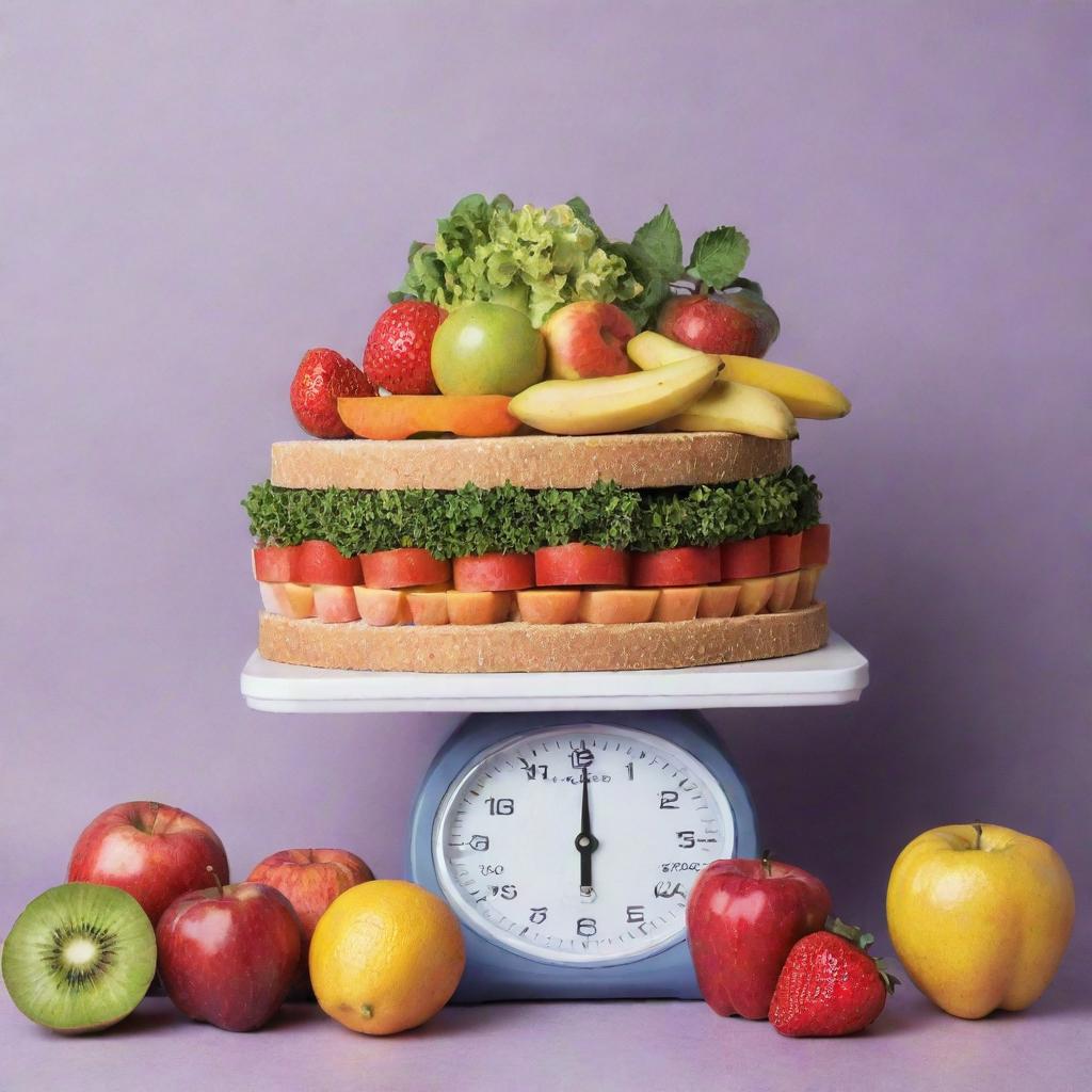 A book cover for 'Watch Your Weight', featuring a balanced scale with healthy fruits and vegetables on one side, and junk food on the other, demonstrating balance and portion control.