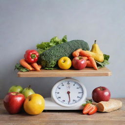 A book cover for 'Watch Your Weight', featuring a balanced scale with healthy fruits and vegetables on one side, and junk food on the other, demonstrating balance and portion control.