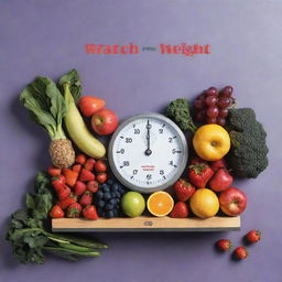 A book cover for 'Watch Your Weight', featuring a balanced scale with healthy fruits and vegetables on one side, and junk food on the other, demonstrating balance and portion control.