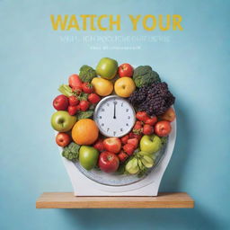 A book cover for 'Watch Your Weight', featuring a balanced scale with healthy fruits and vegetables on one side, and junk food on the other, demonstrating balance and portion control.