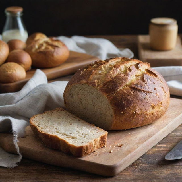 Cookbook cover for 'Easy Bread Making', showcasing a rustic kitchen setting with a golden loaf of freshly baked bread on a wooden cutting board.