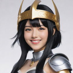 A smiling anime character with the villainous vibes and lustrous black hair, donning a traditional Valkyrie helmet.