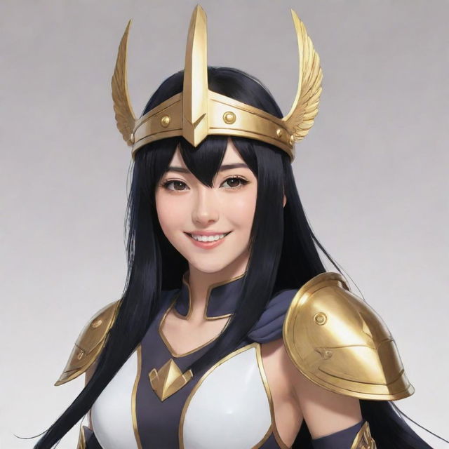 A smiling anime character with the villainous vibes and lustrous black hair, donning a traditional Valkyrie helmet.