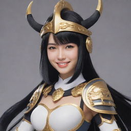 A smiling anime character with the villainous vibes and lustrous black hair, donning a traditional Valkyrie helmet.