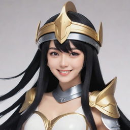 A smiling anime character with the villainous vibes and lustrous black hair, donning a traditional Valkyrie helmet.