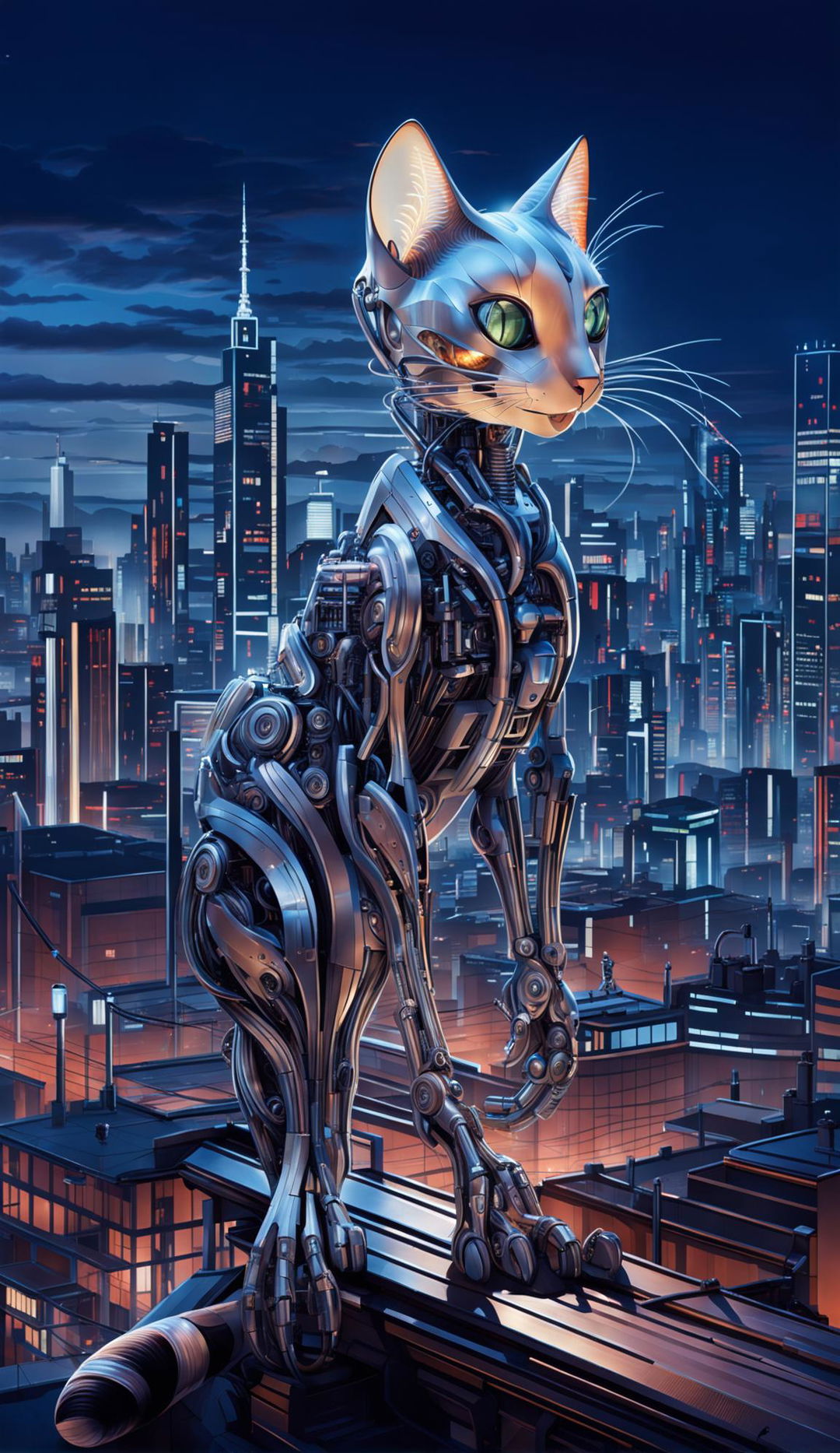 A photorealistic HD image of a techno-organic cat with a transparent glass torso revealing bio-mechanical innards, standing in a futuristic cityscape at dawn.