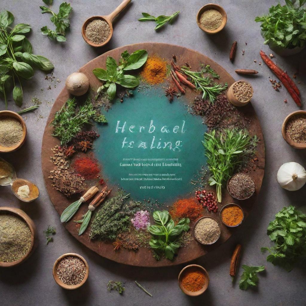 Cookbook cover for 'Herbal Healing', featuring an array of fresh, vibrant herbs and spices spread on a table, with a halo of light suggesting their healing properties.