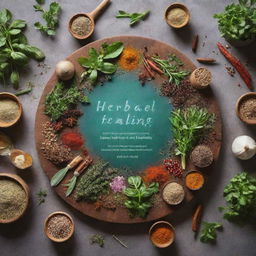 Cookbook cover for 'Herbal Healing', featuring an array of fresh, vibrant herbs and spices spread on a table, with a halo of light suggesting their healing properties.