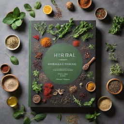 Cookbook cover for 'Herbal Healing', featuring an array of fresh, vibrant herbs and spices spread on a table, with a halo of light suggesting their healing properties.