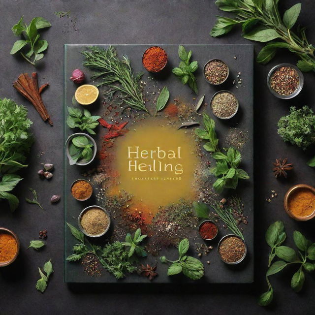 Cookbook cover for 'Herbal Healing', featuring an array of fresh, vibrant herbs and spices spread on a table, with a halo of light suggesting their healing properties.