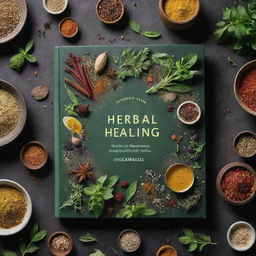 Cookbook cover for 'Herbal Healing', featuring an array of fresh, vibrant herbs and spices spread on a table, with a halo of light suggesting their healing properties.