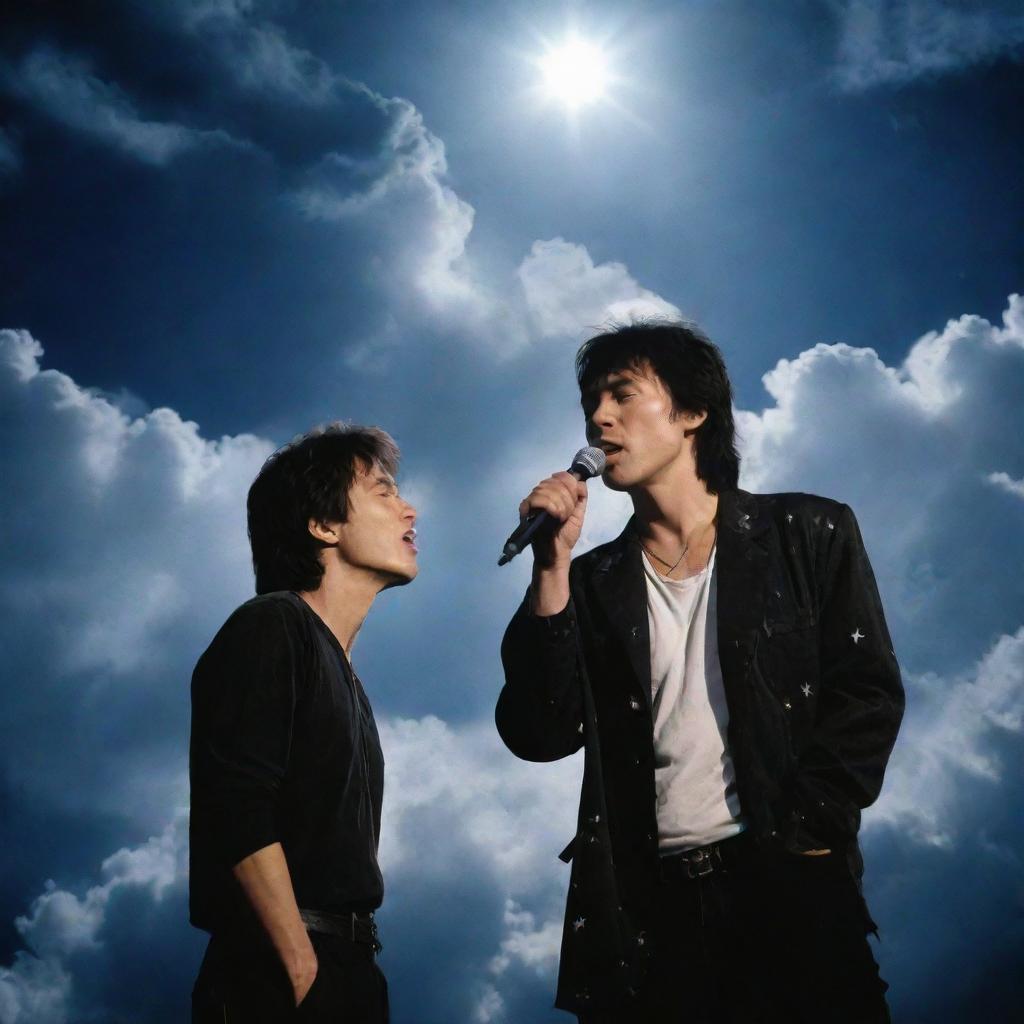 Mikhail Gorsheniov and Viktor Tsoi singing together in a dreamy, celestial setting with a backdrop of heavenly clouds and shining stars