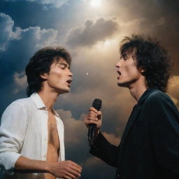 Mikhail Gorsheniov and Viktor Tsoi singing together in a dreamy, celestial setting with a backdrop of heavenly clouds and shining stars
