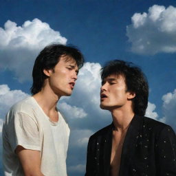 Mikhail Gorsheniov and Viktor Tsoi singing together in a dreamy, celestial setting with a backdrop of heavenly clouds and shining stars