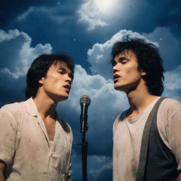 Mikhail Gorsheniov and Viktor Tsoi singing together in a dreamy, celestial setting with a backdrop of heavenly clouds and shining stars