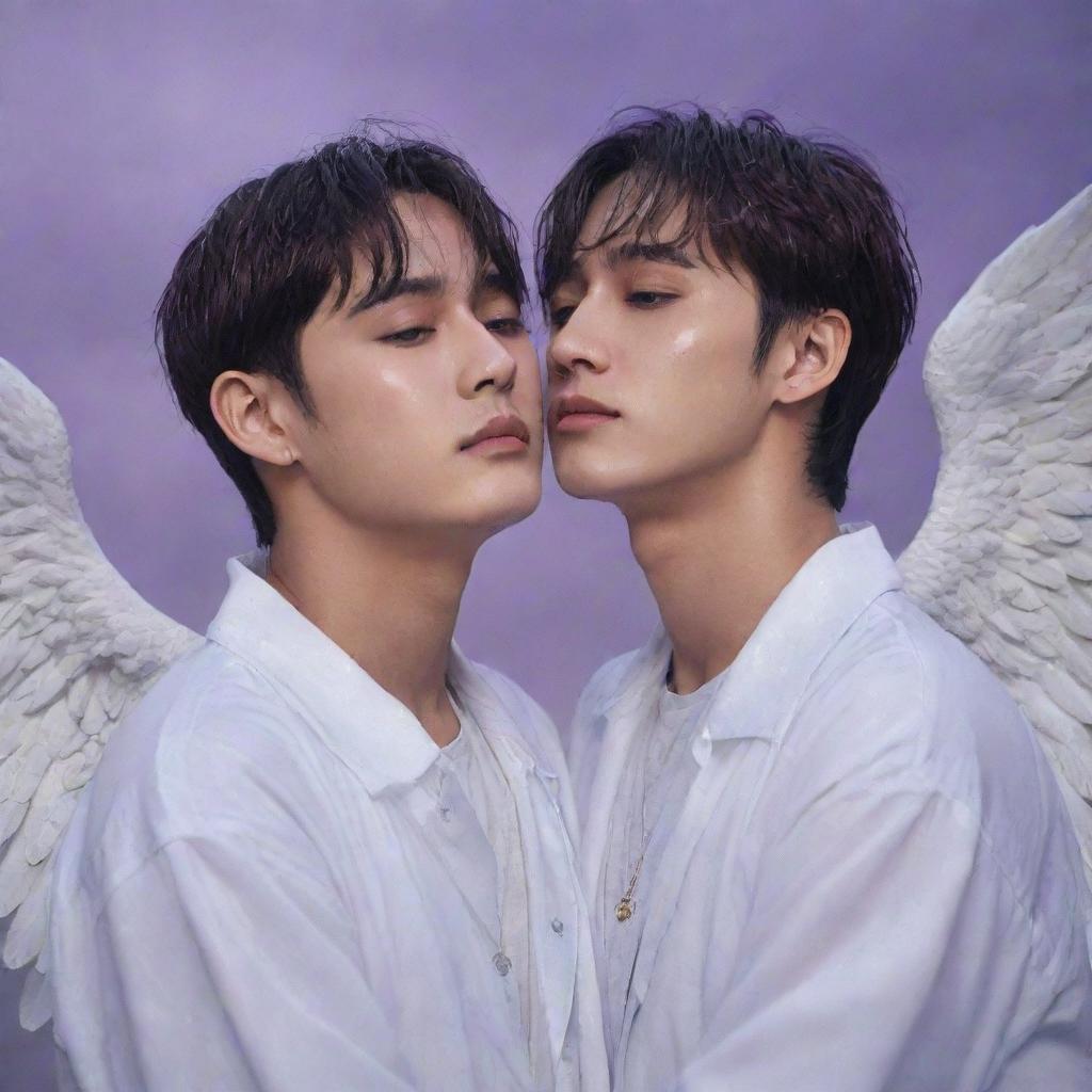 BTS' Taehyung and Jungkook depicted as angels, with Jungkook tearfully embraced by Taehyung amidst a rainy scenery, with ethereal purple clouds enshrouding them