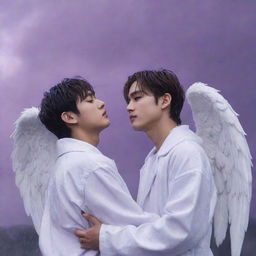 BTS' Taehyung and Jungkook depicted as angels, with Jungkook tearfully embraced by Taehyung amidst a rainy scenery, with ethereal purple clouds enshrouding them