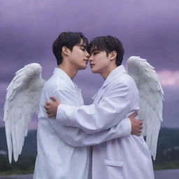 BTS' Taehyung and Jungkook depicted as angels, with Jungkook tearfully embraced by Taehyung amidst a rainy scenery, with ethereal purple clouds enshrouding them