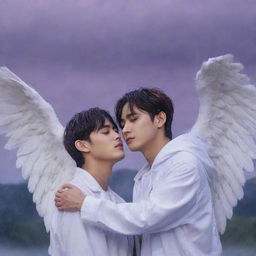 BTS' Taehyung and Jungkook depicted as angels, with Jungkook tearfully embraced by Taehyung amidst a rainy scenery, with ethereal purple clouds enshrouding them