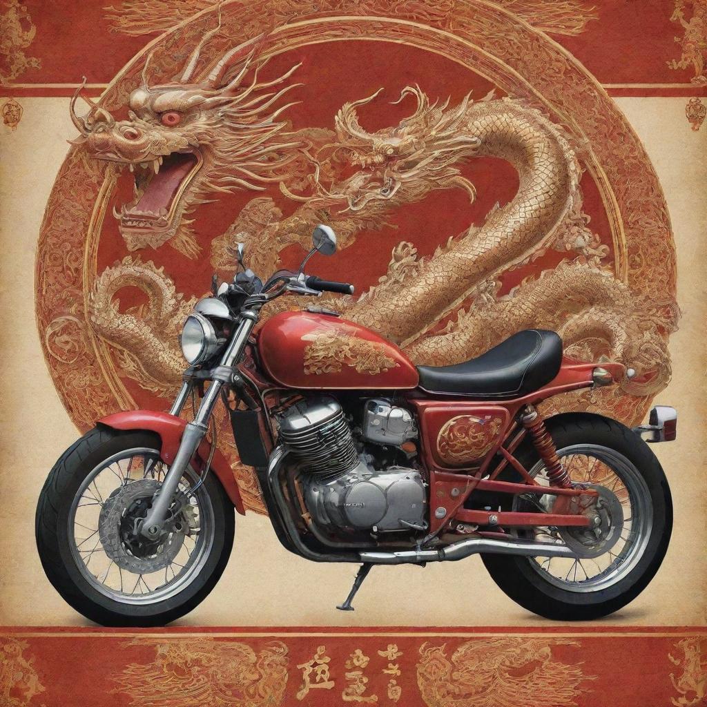 A detailed poster featuring a motorcycle with intricate Chinese dragon motifs and ethnic Chinese elements.