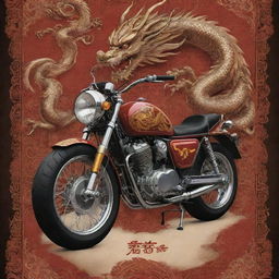 A detailed poster featuring a motorcycle with intricate Chinese dragon motifs and ethnic Chinese elements.