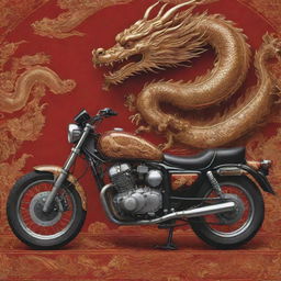 A detailed poster featuring a motorcycle with intricate Chinese dragon motifs and ethnic Chinese elements.