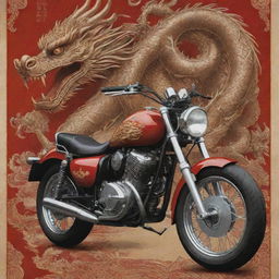 A detailed poster featuring a motorcycle with intricate Chinese dragon motifs and ethnic Chinese elements.