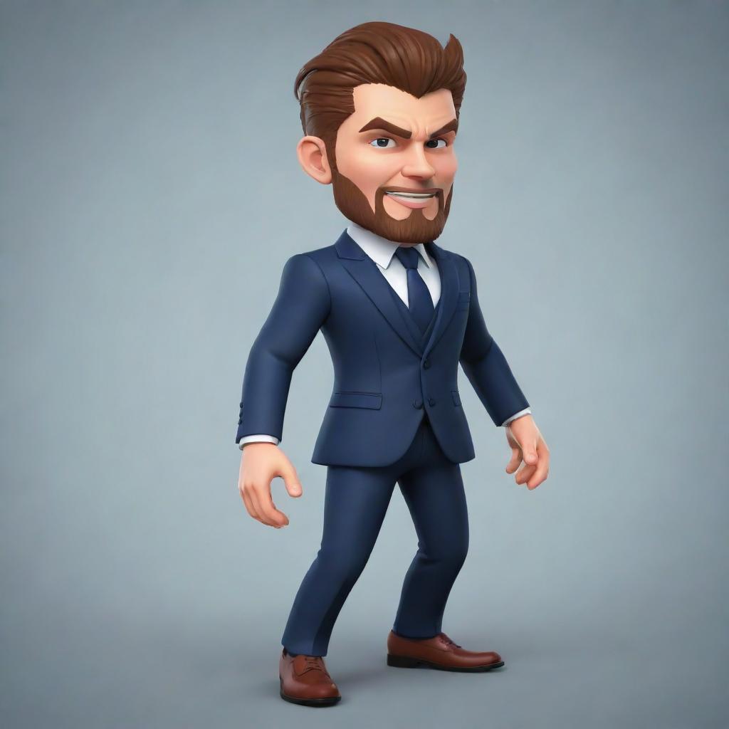 Generate a 2D game character sprite that mimics 3D movement. The character is human-like, dressed in a suit and shoes, sturdy built, with a fierce face and long undercut hairstyle.