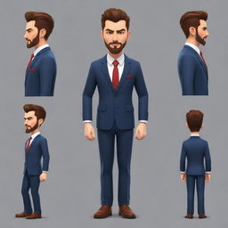 Generate a 2D game character sprite that mimics 3D movement. The character is human-like, dressed in a suit and shoes, sturdy built, with a fierce face and long undercut hairstyle.