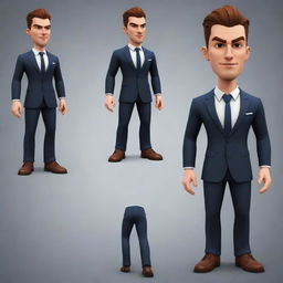 Generate a 2D game character sprite that mimics 3D movement. The character is human-like, dressed in a suit and shoes, sturdy built, with a fierce face and long undercut hairstyle.