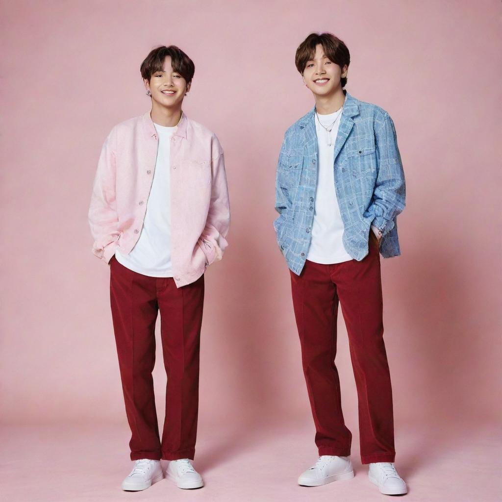 An artistic and vibrant portrait of Jungkook and Taehyung from BTS, styled in trendy and chic clothing, standing side by side with a radiant smile.