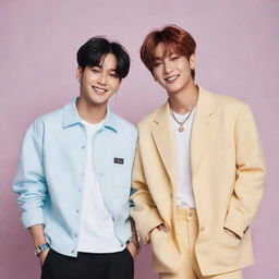 An artistic and vibrant portrait of Jungkook and Taehyung from BTS, styled in trendy and chic clothing, standing side by side with a radiant smile.