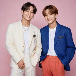 An artistic and vibrant portrait of Jungkook and Taehyung from BTS, styled in trendy and chic clothing, standing side by side with a radiant smile.