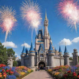 A vibrant and magical Disney castle during a sunny day, surrounded by colorful flowers, with fireworks bursting in the bright blue sky.