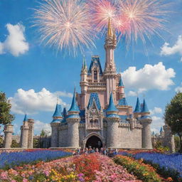 A vibrant and magical Disney castle during a sunny day, surrounded by colorful flowers, with fireworks bursting in the bright blue sky.