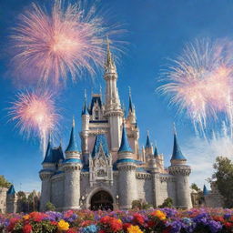 A vibrant and magical Disney castle during a sunny day, surrounded by colorful flowers, with fireworks bursting in the bright blue sky.