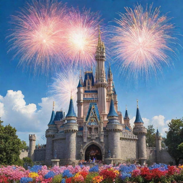 A vibrant and magical Disney castle during a sunny day, surrounded by colorful flowers, with fireworks bursting in the bright blue sky.