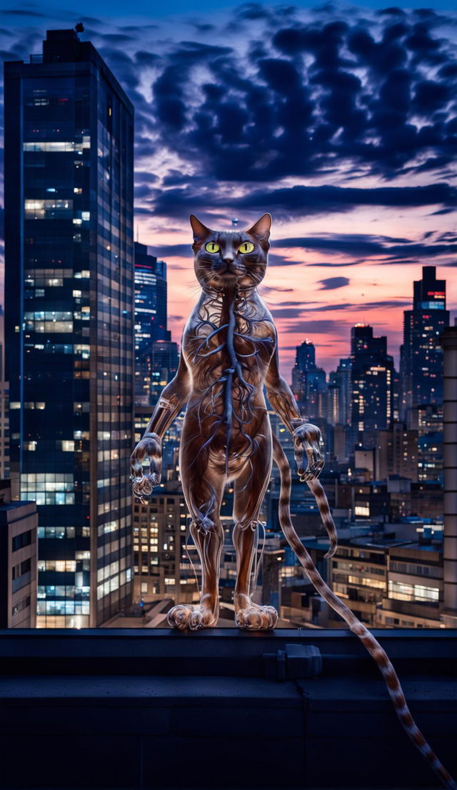 An unedited photograph of a cat with a transparent body revealing its biological innards, set in a modern cityscape at dawn.