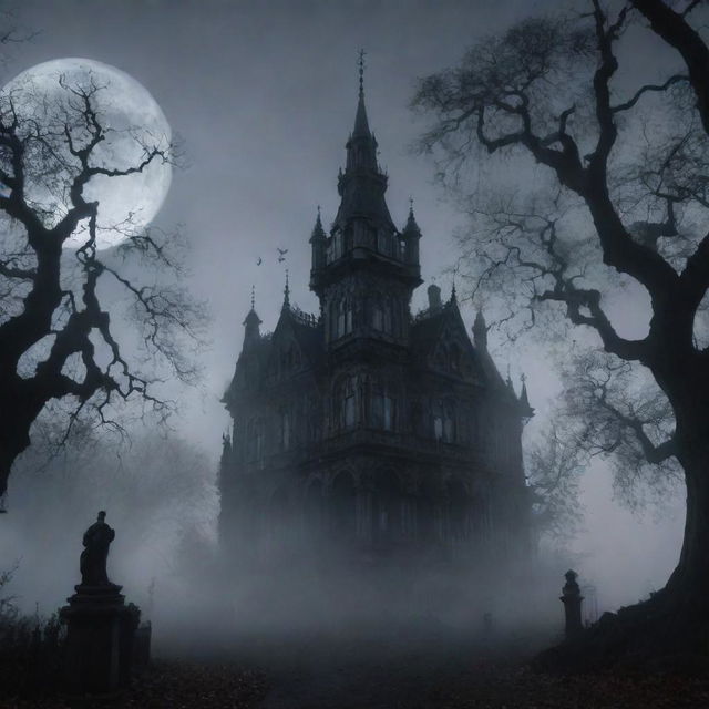 A grim, Gothic mansion shrouded in fog under a full moon, silhouettes of gnarled trees in the foreground, and ghosts swirling around the spires.